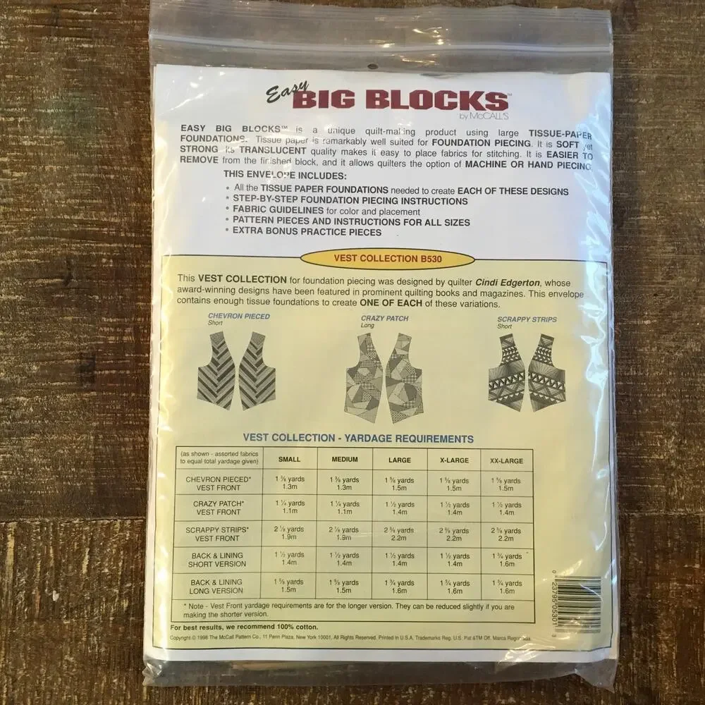 McCalls Easy Big Blocks Sewing Pattern B530 Vest Paper Foundation S-XXL Uncut